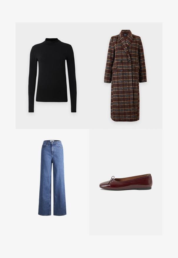 Pikk topeltkinnitatud pruuni ruudulise mustriga mantel, millel on krae, mustad nupud ja klapptaskud, esitatud valge tausta ees.; Must nägupesu ja pika varrukaga särk, mis on valmistatud siledast kangast; sobiv disain kõrge krae ja nähtamatute õmblusteta. Lihtne, ühetooniline värv.; Heled sinise denimist laiad jalad, kõrgema talje ja kahe eesmise taskuga, nähtavate õmblustega. Omab nuppu ja luku sulgemist.; Burgundi patendnahk kingad balletitüüpi, ümmarguse ninaosa, ees väike paelaaktsent ja madal must kummist tald. Sile tekstuur.