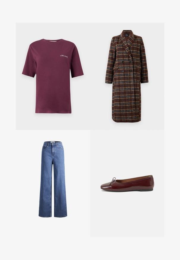 Casaco xadrez castanho de dupla face, com colarinho de lapela, botões pretos e bolsos de aba, exibido sobre um fundo branco.; T-shirt de algodão bordeaux com mangas curtas, gola redonda e pequeno texto bordado em branco na frente. Textura suave e corte descontraído.; Jeans de ganga azul claro, de perna larga e cintura alta, com dois bolsos frontais e costuras visíveis. Apresenta um fecho de botão e zíper.; Bailarinas em couro sintético borgonha com bico redondo, pequeno laço na frente e sola baixa em borracha preta. Textura suave.