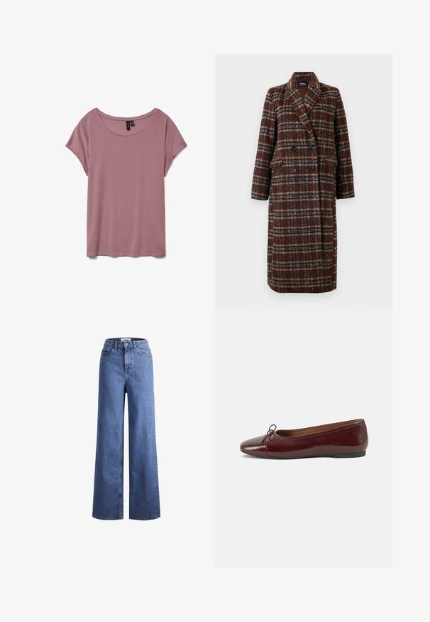 Ilgas dvigubas rudas langeliais paltas su apykakle, juodais mygtukais ir kišenėmis su atvartais, eksponuojamas ant balto fono.; Šviesiai rožinė trumpomis rankovėmis marškinėliai, pagaminti iš minkštos medžiagos, su apvaliu iškirpimu ir laisvu siluetu, neturintys matomų raštų ar tekstūrų.; Šviesiai mėlynos džinsinės kelnės plačiu sijonu ir aukštu liemeniu, su dviem priekinių kišenių ir matomu siuvimu. Su mygtuko ir užtrauktuko uždarymu.; Bordo lakiotos odos baleto bateliai su apvalia nosimi, maža kaspinėlio akcentu priekyje ir žema juoda guma padanga. Lygi tekstūra.