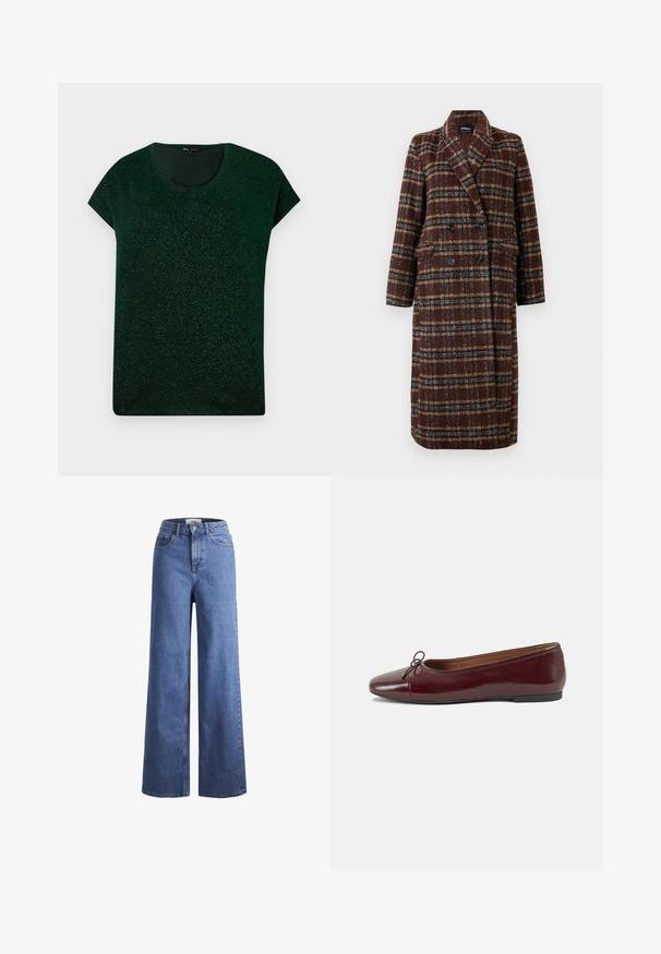 Ilgas dvigubas rudas langeliais paltas su apykakle, juodais mygtukais ir kišenėmis su atvartais, eksponuojamas ant balto fono.; Tamsiai žalia trumpų rankovių blizgi viršutinė dalis su apvaliu iškirpimu ir laisvu pritaikymu ant vientiso fono.; Šviesiai mėlynos džinsinės kelnės plačiu sijonu ir aukštu liemeniu, su dviem priekinių kišenių ir matomu siuvimu. Su mygtuko ir užtrauktuko uždarymu.; Bordo lakiotos odos baleto bateliai su apvalia nosimi, maža kaspinėlio akcentu priekyje ir žema juoda guma padanga. Lygi tekstūra.