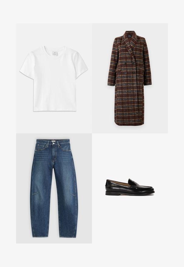 Dlhý hnedý károvaný kabát na dvojité zapínanie s klopovým golierom, čiernymi gombíkmi a vreckami s chlopňou, vystavený na bielom pozadí.; Biely bavlnený tričko s okrúhlym výstrihom, krátkymi rukávmi a rovnými lemami. Na strednej časti výstrihu je na štítku nápis "Won Hundred".; Tmavomodré riflové nohavice so strihom rovného nohu, ktoré majú predné vrecká, kontrastné šitie a jemnú vyblednutú textúru na nohách.; Čierne kožené loafery s okrúhlou špičkou, bez zapínania, a jemnými švovými detailmi pozdĺž hornej časti. Plátená gumená podrážka.