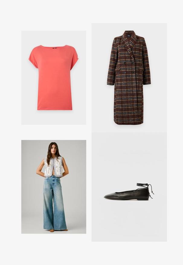 Dolg plašč z dvojnim zapenjanjem v rjavem karirastem vzorcu z rever ovratnikom, črnimi gumbi in žepi s poklopcem, prikazan na belem ozadju.; Koralna majica s kratkimi rokavi, sproščenega kroja, okroglim izrezom in gladko teksturo. Brez vidnih vzorcev ali kovinskih detajlov.; Ženska, oblečena v brezrokavni bel top z cvetličnim vzorcem, ki ga dopolnjujejo široke svetlo modre traperice z visokim pasom in rjave čevlje, stoji z rokami za hrbtom.; Črne usnjene baletne čevlje s koničastim nosom, vezi okrog gležnja in ravnim podplatom, ki se ponašajo z gladko teksturo in minimalističnim dizajnom.