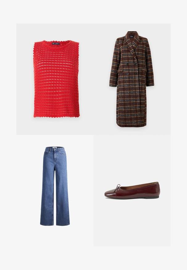 Duga dvoslojna smeđa kaput s kariranim uzorkom, s reverima, crnim gumbima i džepovima s preklopom, prikazana na bijeloj pozadini.; Crvena bezrukavna pletena majica s otvorenim tkanjem, valovitim rubovima i okruglim izrezom. Lagana tkanina, idealna za tople dane.; Svijetloplavi traper široki traperice s visokim strukom, dva prednja džepa i vidljivim šavovima. Imaju kopčanje na gumb i patentni zatvarač.; Burgundska lakirana balerinka s zaobljenim vrhom, malim mašnom sprijeda i niskom, crnom gumenom potplatu. Glatka tekstura.