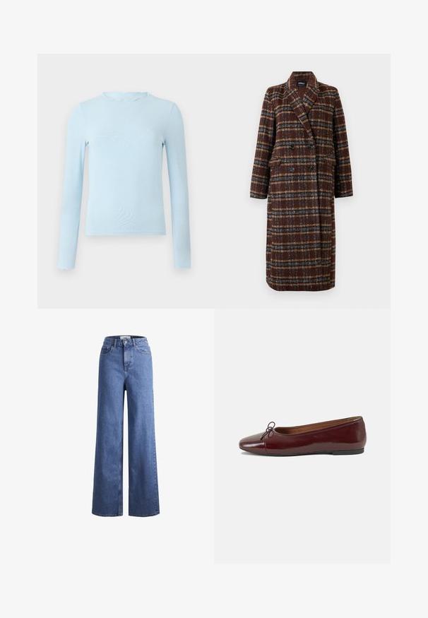 Duga dvoslojna smeđa kaput s kariranim uzorkom, s reverima, crnim gumbima i džepovima s preklopom, prikazana na bijeloj pozadini.; Svijetloplavi dolčevita s dugim rukavima, izrađen od glatkog materijala, s čipkastim izrezom i prianjajućim dizajnom, s ravnim rubom i bez uzoraka.; Svijetloplavi traper široki traperice s visokim strukom, dva prednja džepa i vidljivim šavovima. Imaju kopčanje na gumb i patentni zatvarač.; Burgundska lakirana balerinka s zaobljenim vrhom, malim mašnom sprijeda i niskom, crnom gumenom potplatu. Glatka tekstura.