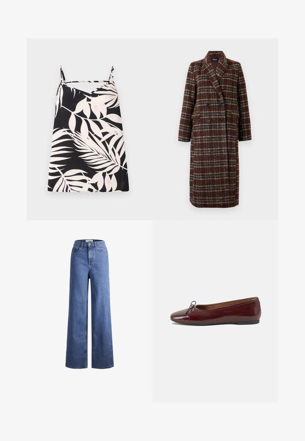 Long double-breasted brown plaid coat with lapel collar, black buttons, and flap pockets, displayed against a white background.; Sleeveless black top featuring white leafy palm print, v-neck design, and thin shoulder straps. Fabric has a smooth texture.; Light blue denim wide-leg jeans with a high waist, two front pockets, and visible stitching. Features a button and zipper closure.; Burgundy patent leather ballet flat with a rounded toe, small bow accent at the front, and a low, black rubber sole. Smooth texture.