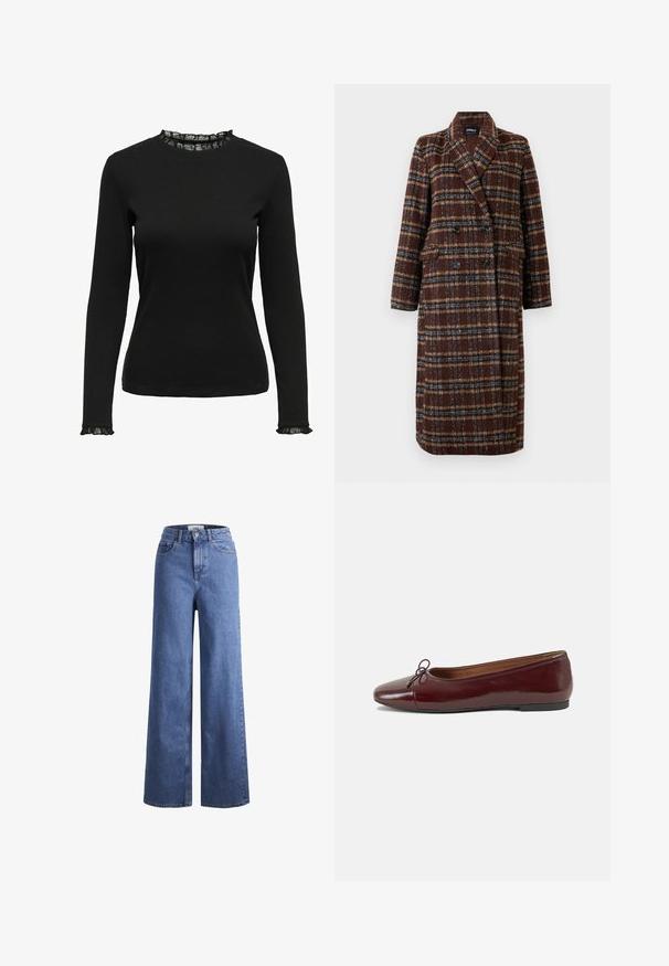 Lange dubbelhuls bruine geruite jas met revers, zwarte knopen en klepzakken, tentoongesteld tegen een witte achtergrond.; Zwarte lange mouwen top van ribstof, met een gerimpeld kantdetail bij de halslijn en mouwen. Eenvoudig rond halsontwerp.; Lichtblauwe denim wijde jeans met een hoge taille, twee voorzakken en zichtbare stiksels. Voorzien van een knoop- en ritssluiting.; Bordeaux gepatenteerd lederen ballerina met een ronde neus, een klein strikaccent aan de voorkant en een lage, zwarte rubberen zool. Glad textuur.