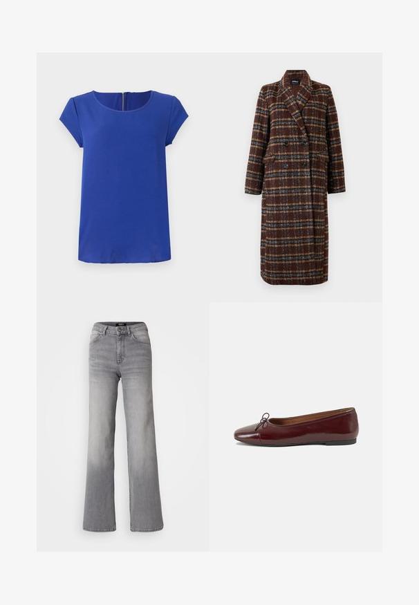 Gara divrindas brūna raibā mētelis ar atloku apkakli, melniem pogām un kabatām ar vāciņu, izstādīta pret baltu fona.; Zils īsām piedurknēm tops, izgatavots no gludas auduma. Ar apaļu kakla izgriezumu un slēptu rāvējslēdzēju mugurā. Tieša apakšmalam.; Augsti vidukļa taisnas kājas pelēkas džinsa bikses ar priekšējo pogu un rāvējslēdzēju, priekšējām un aizmugurējām kabatām, kā arī izbalinātiem toņiem uz augšstilbiem un teļiem.; Burgundijas laku ādas baleta kurpes ar noapaļotu purngalu, nelielu loku akcentu priekšā un zemu melnu gumijas zoli. Gluda tekstūra.