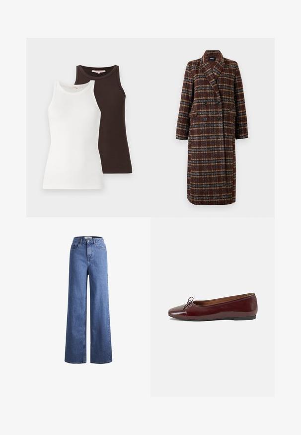 Dolg plašč z dvojnim zapenjanjem v rjavem karirastem vzorcu z rever ovratnikom, črnimi gumbi in žepi s poklopcem, prikazan na belem ozadju.; Dve rebraste majice na bretele, ena bela in ena temno rjava, z brezrokavnim dizajnom in okroglimi izrezi, zložene ena ob drugi.; Svijetloplave traper hlače širokih nogavica s visokim strukom, s dva prednja džepa i vidljivim šavovima. Ima kopčanje na gumb i zatvarač.; Burgundska patenti usnjeni baletni čevlji z zaobljenim prstom, majhnim lokom na sprednji strani in nizkim črnim gumijastim podplatom. Gladka tekstura.