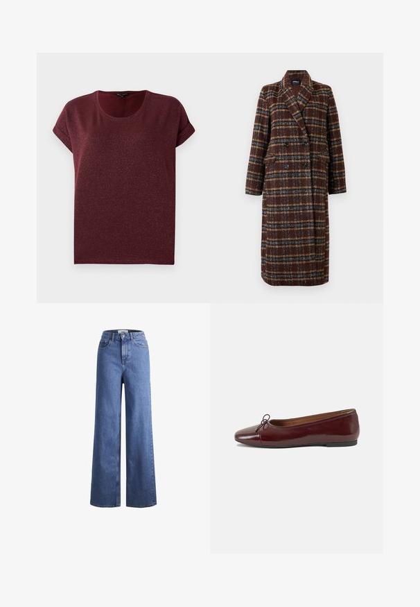 Long double-breasted brown plaid coat with lapel collar, black buttons, and flap pockets, displayed against a white background.; Burgundy short-sleeve top made of textured, glittery fabric with a round neckline and rolled cuffs. Relaxed fit.; Light blue denim wide-leg jeans with a high waist, two front pockets, and visible stitching. Features a button and zipper closure.; Burgundy patent leather ballet flat with a rounded toe, small bow accent at the front, and a low, black rubber sole. Smooth texture.