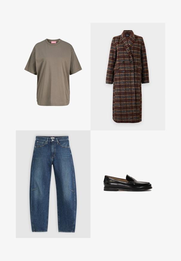 Palton lung, dublu-botonat, din material cu carouri maro, cu guler tip rever, nasturi negri și buzunare cu clapă, expus pe un fundal alb.; Tricou scurt cu mânecă, de culoare verde măsliniu, realizat din bumbac moale. Caracteristici: guler rotund și croială dreaptă cu detalii de cusătură minime.; Jeans din denim albastru închis, cu design drept, având buzunare frontale, cusături în contrast și o textură ușor decolorată pe picioare.; Loafer din piele neagră, cu vârf rotunjit, design slip-on și detalii subtile de cusătură pe partea superioară. Talpă din cauciuc plat.