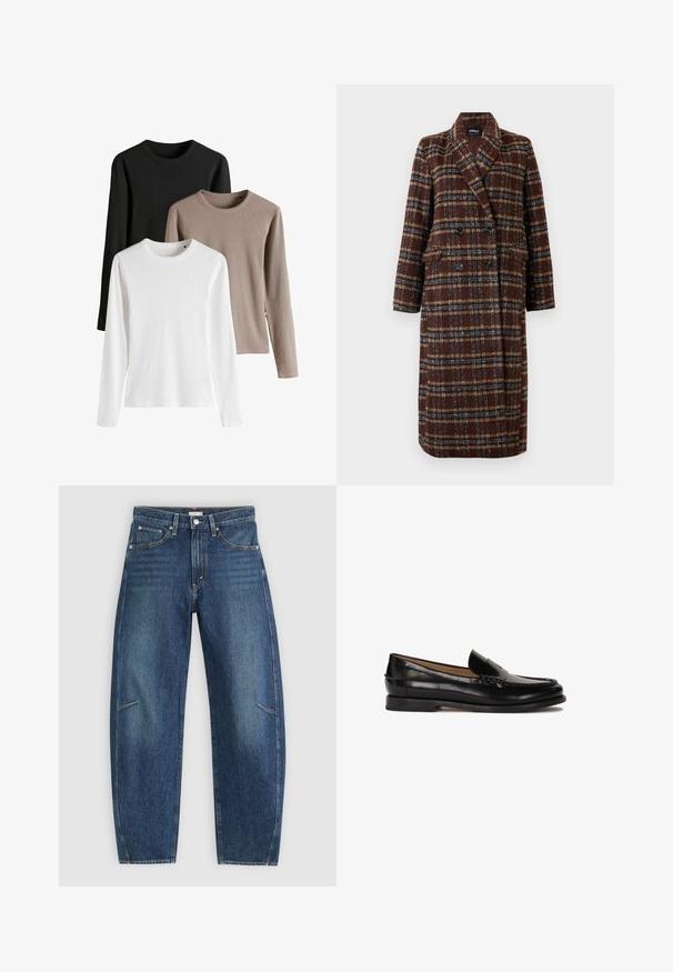 Dolg plašč z dvojnim zapenjanjem v rjavem karirastem vzorcu z rever ovratnikom, črnimi gumbi in žepi s poklopcem, prikazan na belem ozadju.; Tri dolgi rokavi v črni, beli in svetlo rjavi barvi; rebrasta tekstura, zaobljeni ovratniki in stranski raztrgi na robu.; Temno modri traper hlače s ravno obliko, ki vključujejo sprednje žepe, kontrastne šive in subtilno zbledelo teksturo na nogah.; Črne usnjene loafers cipele z zaobljenim nosom, enostavno obuvanje in subtilne šive ob zgornjem delu. Ravna gumijasta podplata.