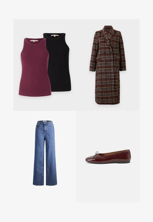Long double-breasted brown plaid coat with lapel collar, black buttons, and flap pockets, displayed against a white background.; Two ribbed tank tops in burgundy and black. They feature round necklines and are designed for a fitted silhouette. Smooth texture.; Light blue denim wide-leg jeans with a high waist, two front pockets, and visible stitching. Features a button and zipper closure.; Burgundy patent leather ballet flat with a rounded toe, small bow accent at the front, and a low, black rubber sole. Smooth texture.