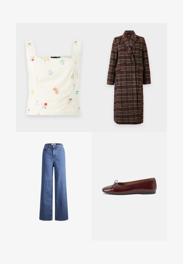 Casaco xadrez castanho de dupla face, com colarinho de lapela, botões pretos e bolsos de aba, exibido sobre um fundo branco.; Camisola de alças em algodão bordada, com um fundo creme e motivos coloridos como frutas, bebidas e itens de praia; decote quadrado e bordas elásticas.; Jeans de ganga azul claro, de perna larga e cintura alta, com dois bolsos frontais e costuras visíveis. Apresenta um fecho de botão e zíper.; Bailarinas em couro sintético borgonha com bico redondo, pequeno laço na frente e sola baixa em borracha preta. Textura suave.