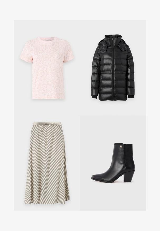 Chaqueta de invierno acolchada negra y brillante con cuello alto, cremallera frontal, capucha desmontable con botones a presión y bolsillos laterales con cremallera.; Marimekko HELEYS PIIRTO UNIKKO - Camiseta estampada - pink; Falda a rayas en beige y gris, hecha de una tela suave. Presenta una cinturilla elástica con cordón y una silueta acampanada en forma de A.; Botín de cuero negro hasta el tobillo con punta afilada, paneles laterales elásticos y un tacón cuadrado. Presenta un pequeño acento de logo dorado.