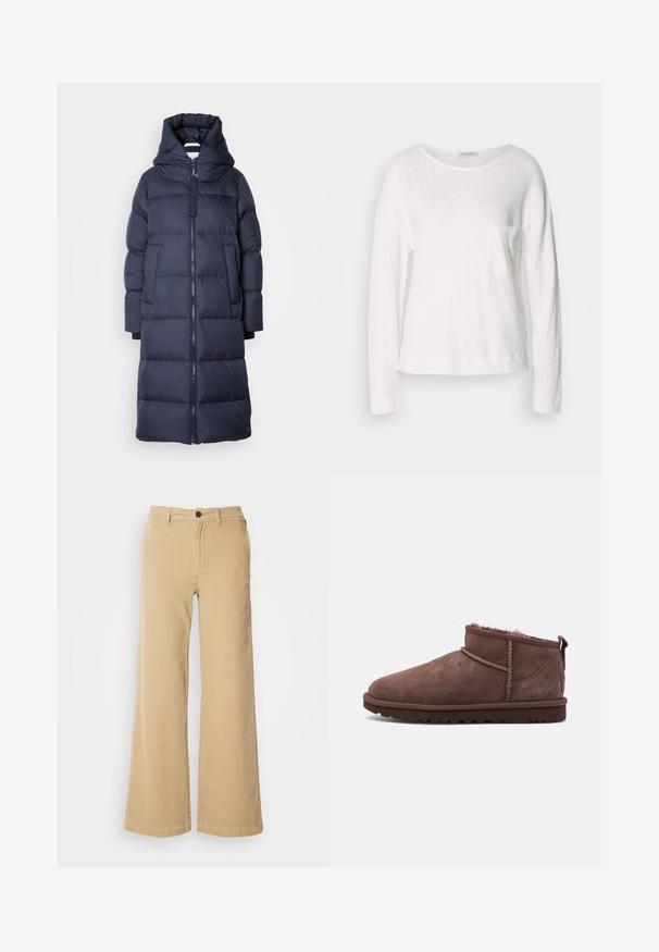 Mornarsko puhovko, srednje dolžine s kapuco, z zadrgo spredaj, velikimi žepi in prešito teksturo. Mehka, izolirana tkanina.; Bela majica s dolgimi rokavi, narejena iz lahkotnega, teksturiranega materiala, z okroglim izrezom in majhnim žepom na prsih. Rob se nahaja na višini bokov.; Bež hlače širokega kroja iz bombažne mešanice, z sprednjim gumbom, zankami za pas in šivanim detajlom ob šivih.; Rjavi semiš škornji do gležnjev s mehkim flis podlogom, zaobljenim nosom in kontrastnim šivanjem, z zanko na zadnji strani za lažje obuvanje.