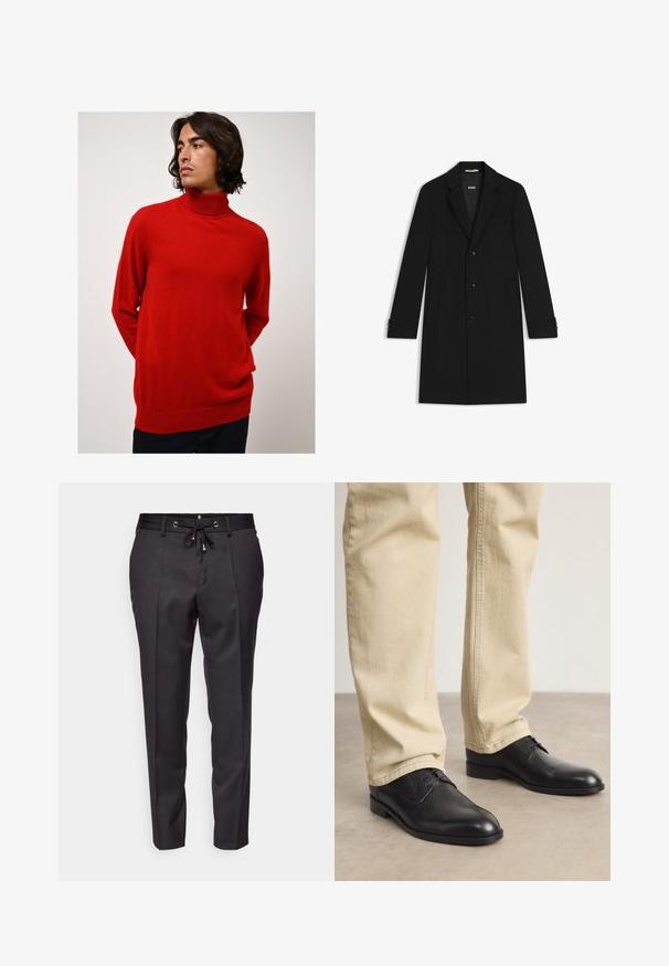 Zwarte op maat gemaakte jas met een notch-kraag, drie voorknopen en zijzakken. Bevat knoopmanchetten en een gladde textuur.; Rode trui met hoge hals, gemaakt van zacht materiaal. Beschikt over lange mouwen, een relaxte pasvorm en een ribbeltextuur bij de manchetten en de zoom.; Zwarte op maat gemaakte broek met een elastische tailleband, geplooide voorkant en omgeslagen randen. Gemaakt van een gladde stof met een gestructureerde pasvorm.; Zwarte leren veterschoenen met een ronde neus, een gladde afwerking en subtiele stikdetails, gedragen met lichtbeige broeken.