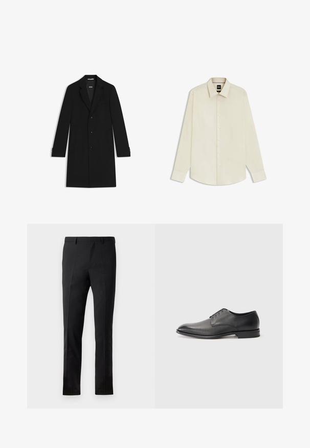 Black tailored coat with a notched collar, three front buttons, and side pockets. Features buttoned cuffs and a smooth texture.; BOSS JOE KENT - Formal shirt - open white eleven; Black trousers with a tailored fit, featuring a flat front, two creases, belt loops, and a smooth texture. No visible patterns or hardware.; Black leather men's dress shoe with laces, low heel, and smooth, slightly textured finish on plain white background.