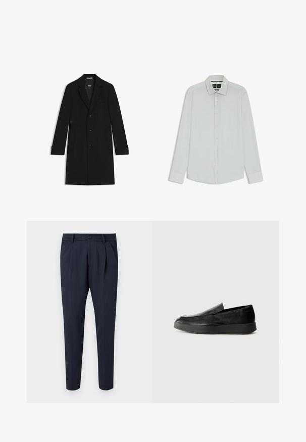 Black tailored coat with a notched collar, three front buttons, and side pockets. Features buttoned cuffs and a smooth texture.; White long-sleeve shirt with a classic collar, button front, and soft texture. Features subtle sheen and tailored fit.; Navy trousers made of smooth fabric, featuring pleats, a zip and button closure, with side pockets and a tapered leg design.; Calvin Klein HYBRID CUP - Slip-ons - triple black