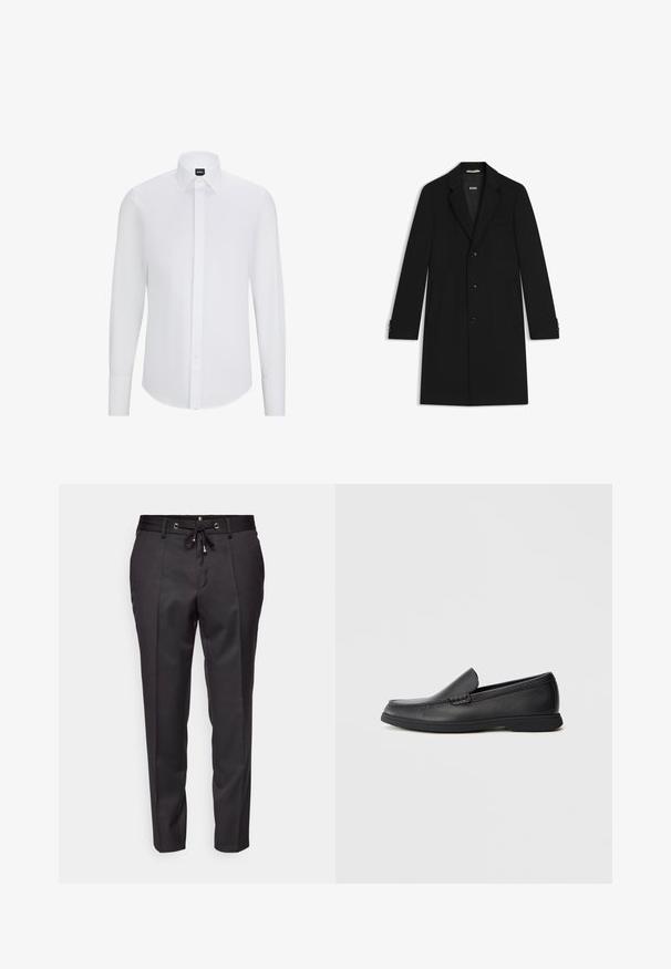 Sort skræddersyet frakke med en påsat krave, tre forreste knapper og sidelommer. Har knapmanchetter og en glat tekstur.; Hvid langærmet skjorte med knaplukning og spidse krave, lavet af glat stof, med en front placket og afrundet kant.; Sorte skræddersyede bukser med snor i taljen, plisseret front og opsmøgede afslutninger. Lavet af glat stof med en struktureret pasform.; Sort læder slip-on loafers med tekstureret overdel, rund tå, lav hæl og gummisål, vist i sideprofil på hvid baggrund.