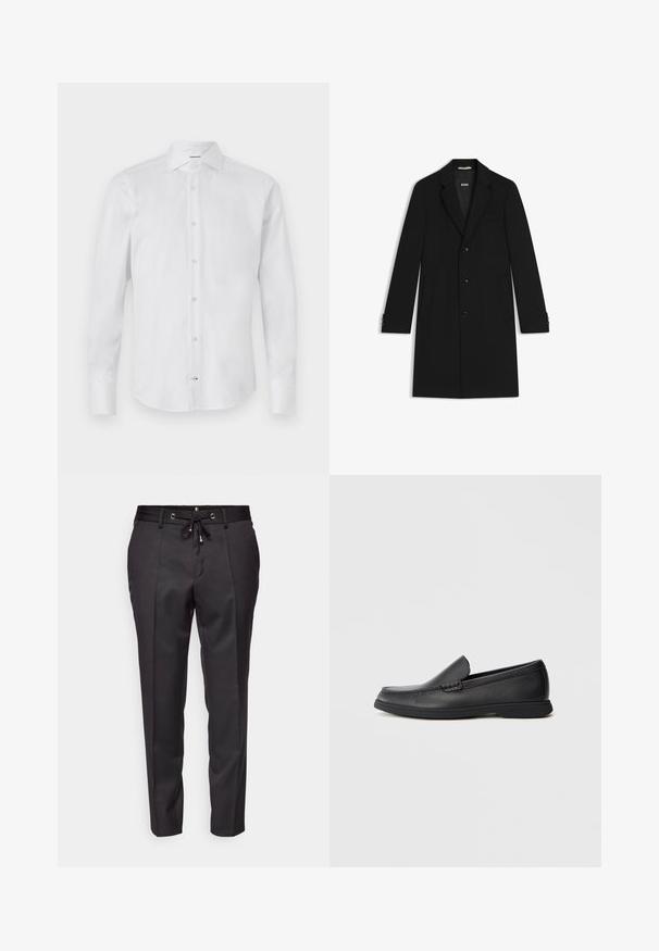 Black tailored coat with a notched collar, three front buttons, and side pockets. Features buttoned cuffs and a smooth texture.; White long-sleeve button-up shirt made of smooth fabric; features a classic collar, button-down closure, and rounded hem.; Black tailored pants with a drawstring waistband, pleated front, and cuffed hems. Made from smooth fabric with a structured fit.; Black leather slip-on loafer with textured upper, rounded toe, low heel, and rubber sole, shown in side profile on white background.