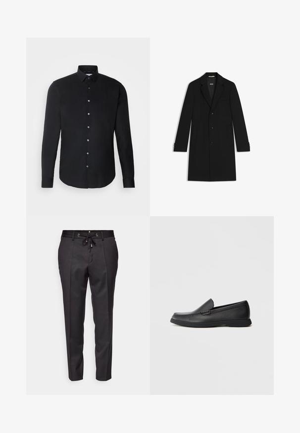 Cappotto nero su misura con colletto a rever, tre bottoni frontali e tasche laterali. Presenta chiusure con bottoni sui polsini e una texture liscia.; Maglietta nera a maniche lunghe con colletto button-down, bottoni frontali, orlo dritto e texture liscia; branding sottile sul petto.; Pantaloni neri su misura con vita elasticizzata, frontale plissettato e orli a fondo gamba. Realizzati in un tessuto liscio con una vestibilità strutturata.; Mocassino slip-on in pelle nera con sopra testurizzato, punta arrotondata, tacco basso e suola in gomma, mostrato in profilo laterale su sfondo bianco.