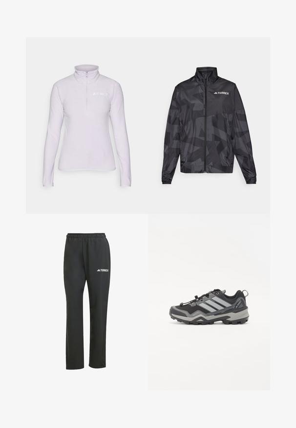 Jachetă ușoară neagră cu guler înalt, închidere prin fermoar și model geometric. Dispune de logo-ul "TERREX" în alb pe partea stângă sus.; Pulover din fleece de culoare violet deschis, cu guler cu fermoar. Dispune de mâneci lungi și un logo alb în zona stângă a pieptului. Textură moale.; Pantaloni negri ușori cu talie elastică. Prezintă un logo subtil "TERREX" în alb. Material neted și design cu picioare drepte.; Pantofii de drumeție negri și gri, cu o suprafață texturată, talpă din cauciuc și trei dungi gri proeminente pe lateral; dispun de un sistem de șireturi rapide.