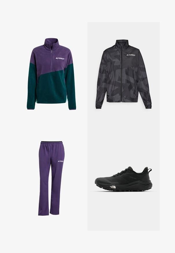 Schwarze leichte Jacke mit hohem Kragen, Reißverschluss und geometrischem Muster. Besitzt das "TERREX"-Logo in Weiß auf der oberen linken Seite.; Lila und dunkelgrüner Reißverschluss-Fleece-Pullover mit einem hohen Kragen und einem kleinen weißen Logo auf der Brust. Weicher Stoff, sportliches Design.; Lila Sporthose mit einem schwarzen elastischen Bund, geradem Bein Design und einem weißen "TERREX"-Logo auf der linken Seite. Glatte Textur.; The North Face OFFTRAIL VERSA - Hikingschuh - tnf black/tnf white