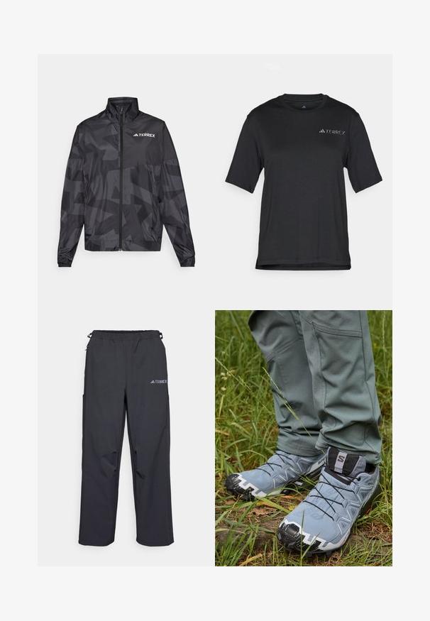 Černá lehká bunda s vysokým límcem, zipovým uzávěrem a geometrickým vzorem. Na horní levé straně se nachází bílé logo "TERREX".; Černé tričko s krátkým rukávem vyrobené z lehkého materiálu. Má kulatý výstřih a malé bílé logo "TERREX" na hrudi.; Černé, lehké venkovní kalhoty s elastickým pasem, bočními kapsami a logem na pravé horní nohavici. Hladká, voděodolná tkanina.; Šedé trailové běžecké boty se strukturovaným svrškem, černými šňůrkami a robustní podrážkou, doplněné o těsné zelené kalhoty na travnatém terénu.