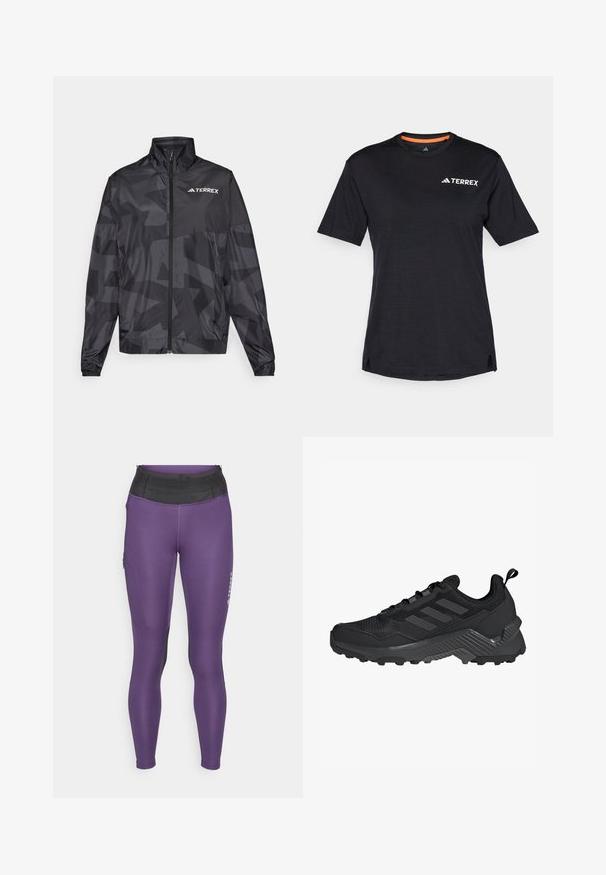 Czarna, lekka kurtka z wysokim kołnierzem, zapinana na zamek błyskawiczny, z geometrycznym wzorem. Posiada logo "TERREX" w kolorze białym na górnej lewej stronie.; Czarna koszulka krótki rękaw z okrągłym dekoltem, z subtelną teksturą melanżową i białym logo "TERREX" po lewej stronie na górze.; adidas Terrex - Rajstopy; Czarne buty sportowe z siateczkową cholewką, trzema paskami, formowaną piętą i wytrzymałą podeszwą z wyraźnymi wgłębieniami dla lepszej przyczepności.