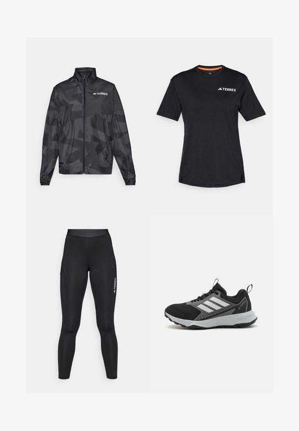 Svart lättviktsjacka med hög krage, dragkedjestängning och geometriskt mönster. Har "TERREX"-logotypen i vitt på övre vänstra sidan.; Svart kortärmad T-shirt med rund halsringning, med en subtil melerat struktur och vit "TERREX"-logotyp på den övre vänstra sidan.; Svarta sportleggings med en åtsittande design, tillverkade av stretchmaterial. Har sidofickor och vit "TERREX"-logotyp.; Svart sportskor med grå accenter, med en strukturerad mesh-övre, tre vita ränder och en gummi sula för grepp.