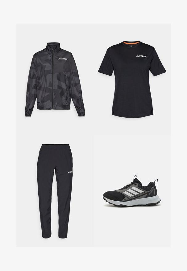 Jachetă ușoară neagră cu guler înalt, închidere prin fermoar și model geometric. Dispune de logo-ul "TERREX" în alb pe partea stângă sus.; Tricou negru cu mânecă scurtă, cu decolteu rotund, având o textură ușor heather și un logo alb "TERREX" pe partea superioară stângă.; Pantaloni atletici negri, realizați dintr-un material ușor și elastic, cu un tiv elastic și buzunare laterale cu fermoar. Prezintă un logo alb pe coapsă.; Pantofii sport negri cu accente gri, având un superior din plasă texturată, trei dungi albe și o talpă din cauciuc pentru aderență.