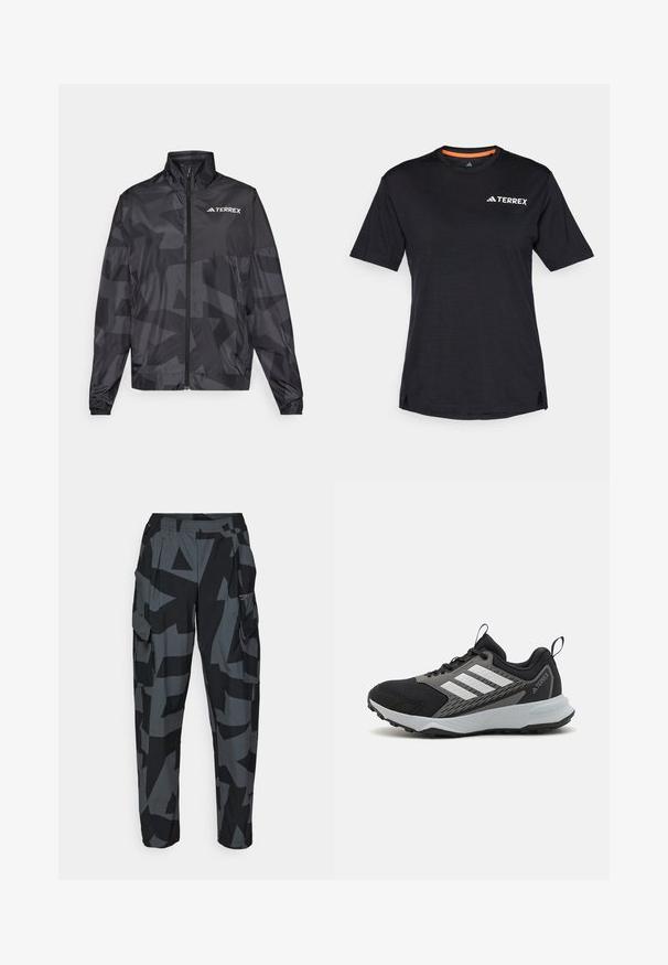 Svart lett jakke med høy krage, glidelås og geometrisk mønster. Har "TERREX"-logoen i hvitt på øvre venstre side.; Svart T-skjorte med kort erme og rund hals, med en subtil melert tekstur og hvit "TERREX" logo på øverste venstre side.; Cargo bukser i et sort og gråt geometrisk mønster, med elastisk talje, flere lommer og en afslappet pasform.; Svart sportssko med grå detaljer, som har en teksturert mesh overdel, tre hvite striper og en gummiyttersåle for godt grep.