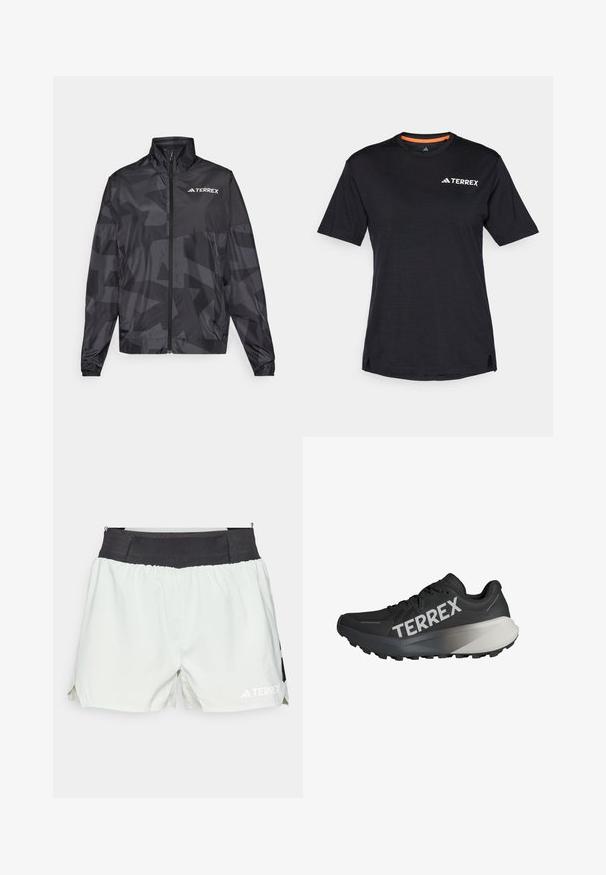 Musta kevyt takki, jossa on korkea kaulus, vetoketju ja geometrinen kuvio. Oikeassa yläkulmassa on valkoinen "TERREX"-logo.; Musta lyhythihainen T-paita pyöreällä pääntiellä, jossa on hienovarainen heather-rakenne ja valkoinen "TERREX"-logo vasemmalla ylhäällä.; Vaaleanharmaat urheilushortsit, joissa on musta joustava vyötärö, sivuaukot ja valkoiset brändäykset. Valmistettu kevyestä, hengittävästä materiaalista.; Musta juoksukenkä, jossa on tekstuuri yläosassa, näyttävä "TERREX" -logo valkoisena, kapeneva pohjadesign ja harmaan sävyinen gradientti kantapäässä.