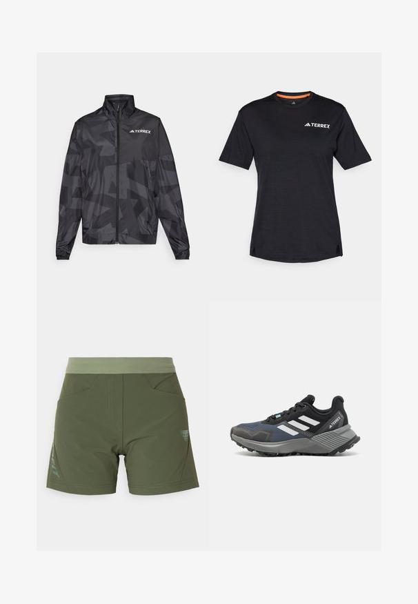 Zwarte lichtgewicht jas met een hoge kraag, ritssluiting en geometrisch patroon. Kenmerkt zich door het "TERREX"-logo in het wit op de bovenste linkerkant.; Zwarte T-shirt met korte mouwen en ronde hals, met een subtiele heatherstructuur en een wit "TERREX" logo aan de bovenlinkerkant.; Olijfgroene shorts met een elastische tailleband, twee voorzakken en een logoaccent aan de linkerkant. Glad textuur en een getailleerde pasvorm.; Sportschoen met bovenkant van mesh in zwart- en tinten blauw. Heeft witte strepen, grijze rubberen buitenzool en een gestructureerde tussenzool voor grip.
