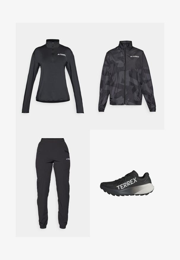 Schwarze leichte Jacke mit hohem Kragen, Reißverschluss und geometrischem Muster. Besitzt das "TERREX"-Logo in Weiß auf der oberen linken Seite.; Schwarzer Langarm-Quarter-Zip-Pullover mit hohem Kragen aus glattem, leichtem Stoff. Mit weißem "TERREX"-Logo.; Schwarze wasserdichte Hosen mit einem elastischen Bund, seitlichen Reißverschlusstaschen, schmalen Beinen und gerippten Bündchen an den Knöcheln. Mit Logo-Details.; Schwarzer Laufschuh mit strukturiertem Obermaterial, auffälligem weißen "TERREX"-Logo, konischer Sohlenform und einem Farbverlauf in Grau an der Ferse.
