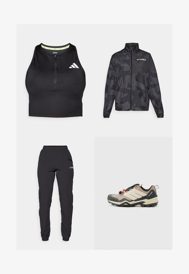 Fekete könnyűdzseki magas gallérral, cipzáros záródással és geometrikus mintával. A bal felső részen fehér "TERREX" logó található.; Fekete sport crop top, elöl cipzárral, sima anyagból készült. Zöld belső nyakkivágással és fehér logóval rendelkezik az oldalon.; Fekete vízálló nadrág rugalmas derékkal, cipzáras oldalsó zsebekkel, keskenyebb lábakkal és bordázott mandzsettával a bokán. Logós díszítéssel rendelkezik.; adidas Terrex TERREX SKYCHASER - Túracipők - trace brown/wonder alumina/semi flash aqua
