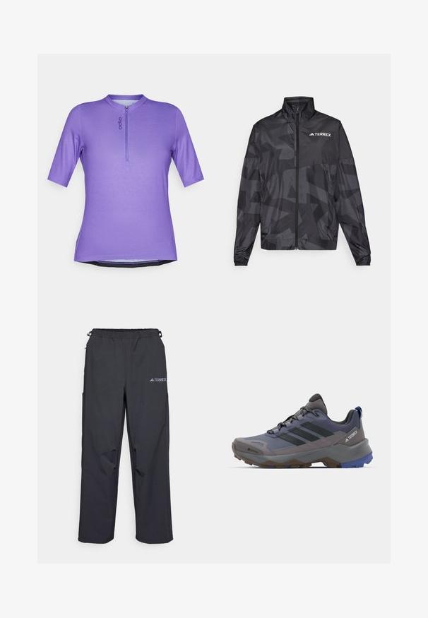 Svart lett jakke med høy krage, glidelås og geometrisk mønster. Har "TERREX"-logoen i hvitt på øvre venstre side.; Lilla kortermet skjorte med høy krage og glidelås foran. Laget av lett stoff, med logo og buet kant.; Sorte, lette utendørsbukser med elastisk midjebånd, sidelommer og en logo på øvre høyre bein. Glatt, vannavvisende stoff.; Grå og blå tursko med mesh og syntetisk overdel, teksturert såle, fremtredende snøring og tre svarte striper på siden.