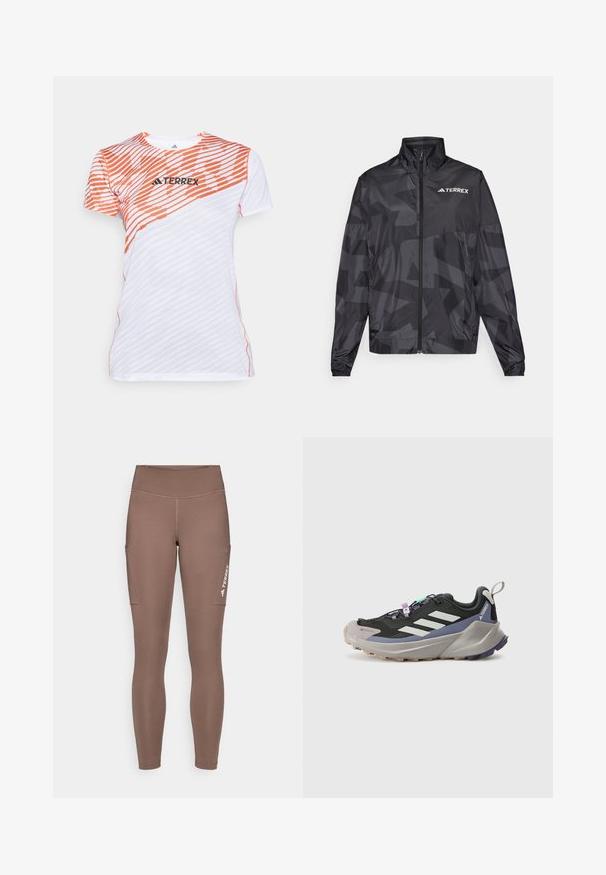 Fekete könnyűdzseki magas gallérral, cipzáros záródással és geometrikus mintával. A bal felső részen fehér "TERREX" logó található.; Fehér és narancs rövidujjú sporting, átlós csíkozott mintával és "TERREX" logóval a mellrészen.; Barna sport leggings magas derékkal, oldalsó zsebekkel és fehér logóval. Sima, rugalmas anyag a kényelem és a mozgás szabadsága érdekében.; Fekete sportcipő Gore-Tex felsőrésszel, fehér csíkokkal, lila részletekkel, vastag szürke középtalppal és textúrált szürke talppal a tapadásért.