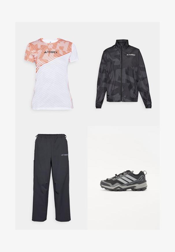 Must mustvalg, millel on kõrge krae, luku sulgemine ja geomeetriline muster. Ülemisel vasakul küljel on valge "TERREX" logo.; Valge ja oranž lühikeste varrukatega sportlik särk диагонaalsete triipudega mustriga ja "TERREX" logo rinnal.; Mustajad, kerged väljakäimise püksid elastse vöökoha, küljetaskute ja logoga paremal ülemisel jalal. Sile veekindel kangas.; Mustalased ja hallid matkajalanõud tekstuurse pinnaga, kummist tald ning kolm silmapaistvat halli triipu küljel; varustatud kiire paelumise süsteemiga.