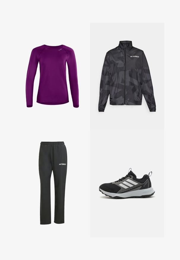 Black lightweight jacket with a high collar, zip closure, and geometric pattern. Features the "TERREX" logo in white on the upper left side.; Long-sleeve shirt in purple, made of smooth fabric with a round neckline and raglan sleeves. Features a small brand logo on the front.; Black lightweight pants with an elastic waistband. Features a subtle “TERREX” logo in white. Smooth fabric and straight-leg design.; Black athletic shoe with gray accents, featuring a textured mesh upper, three white stripes, and a rubber outsole for traction.