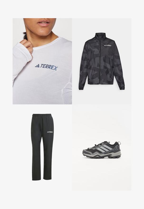 Svart lett jakke med høy krage, glidelås og geometrisk mønster. Har "TERREX"-logoen i hvitt på øvre venstre side.; Hvit langermet skjorte med en blå "TERREX"-logo. Stoffet er lett med teksturerte mesh-detaljer på skuldrene.; Svarte lette bukser med elastisk liv. Har en subtil "TERREX"-logo i hvitt. Glatt stoff og rett ben-design.; Svart og grå fjellsko med en teksturert overflate, gummisåle og tre fremtredende grå striper på siden; har et raskt snøringssystem.