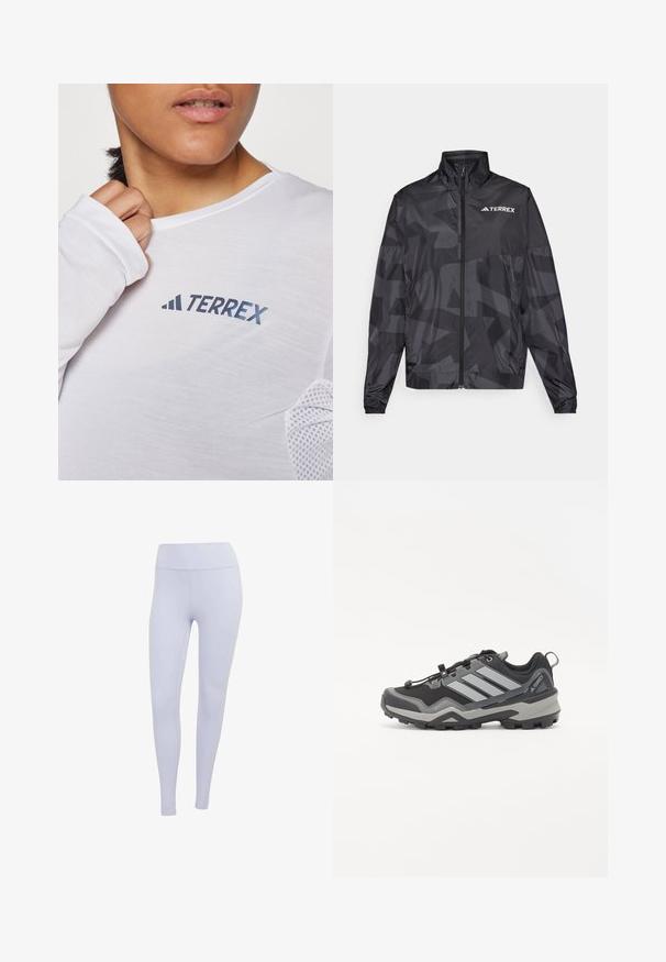 Must mustvalg, millel on kõrge krae, luku sulgemine ja geomeetriline muster. Ülemisel vasakul küljel on valge "TERREX" logo.; Valge pika varrukaga särk, millel on sinine "TERREX" logo. Kanga materjal on kerge ja tekstiilitooted on tekstureeritud võrkkangaga varrukatel.; Heledad lilla retuusid, mis on valmistatud venivast kangast. Kõrge vöökoht, sile tekstuur ja nähtamatud õmblused või mustrid.; Mustalased ja hallid matkajalanõud tekstuurse pinnaga, kummist tald ning kolm silmapaistvat halli triipu küljel; varustatud kiire paelumise süsteemiga.