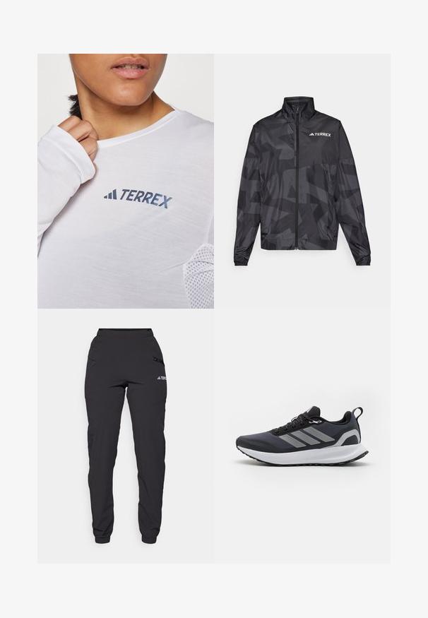 Musta kevyt takki, jossa on korkea kaulus, vetoketju ja geometrinen kuvio. Oikeassa yläkulmassa on valkoinen "TERREX"-logo.; Valkoinen pitkähihaisen paita, jossa on sininen "TERREX" -logo. Kangas on kevyt ja siinä on tekstuuriset verkkoakkentit olkapäissä.; Musta vedenpitävä housut, joissa on joustava vyötärö, vetoketjulliset sivutaskut, kapenevat lahkeet ja ribbipinteet nilkoissa. Ominaisuuksiin kuuluu logoteräviä yksityiskohtia.; Musta urheilukenkä, jossa on verkkomateriaalia yläosassa, valkoinen välipohja, teksturoitu kumipohja ja kolme harmaata raitaa sivussa. Varusteena nauhat ja vetoketju.