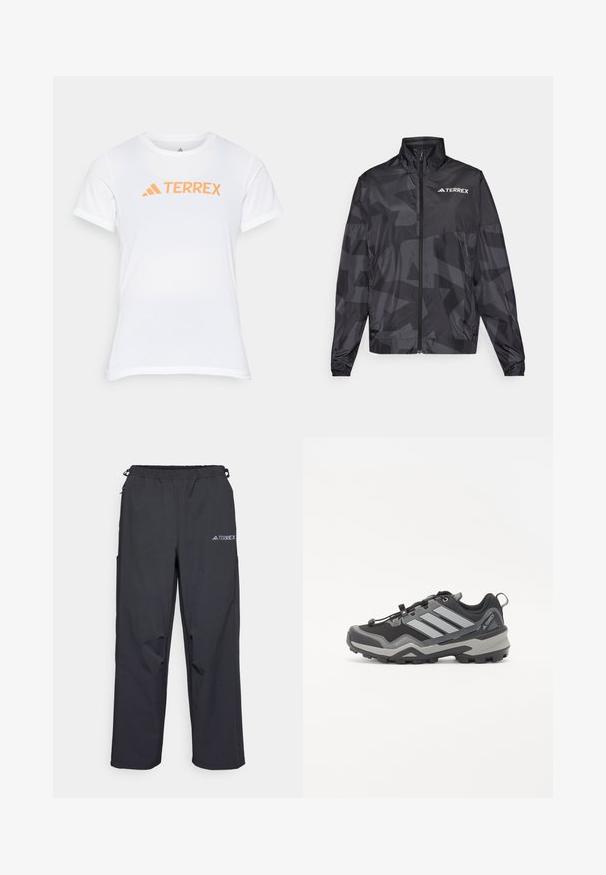 Chaqueta ligera negra con cuello alto, cierre de cremallera y patrón geométrico. Presenta el logo "TERREX" en blanco en la parte superior izquierda.; Camiseta deportiva de manga corta blanca con un logo "TERREX" en naranja. Fabricada con un tejido ligero y transpirable de textura suave.; Pantalones outdoor ligeros y negros con cintura elástica, bolsillos laterales y un logo en la parte superior de la pierna derecha. Tejido liso y resistente al agua.; Zapatos de senderismo en negro y gris con una superficie texturizada, suela de goma y tres franjas grises prominentes en el lateral; cuentan con un sistema de cordones rápido.