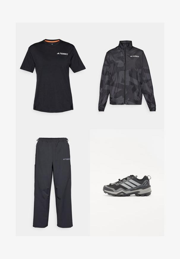 Chaqueta ligera negra con cuello alto, cierre de cremallera y patrón geométrico. Presenta el logo "TERREX" en blanco en la parte superior izquierda.; Camiseta negra de manga corta con cuello redondo, que presenta una sutil textura jaspeada y el logo blanco "TERREX" en la parte superior izquierda.; Pantalones outdoor ligeros y negros con cintura elástica, bolsillos laterales y un logo en la parte superior de la pierna derecha. Tejido liso y resistente al agua.; Zapatos de senderismo en negro y gris con una superficie texturizada, suela de goma y tres franjas grises prominentes en el lateral; cuentan con un sistema de cordones rápido.
