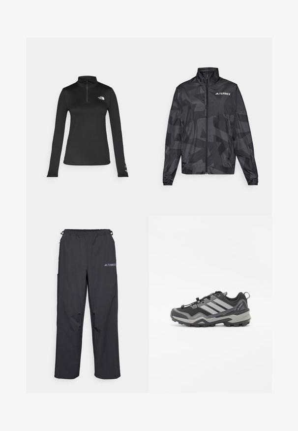Črn lahkoten jopič z visokim ovratnikom, zadrgo in geometrijskim vzorcem. Ima bel "TERREX" logotip na zgornji levi strani.; The North Face FLEX 1/4 ZIP GRAPHIC - Majica z dolgimi rokavi - black; Črne lahke hlače za prosti čas z elastičnim pasom, stranskimi žepi in logotipom na zgornjem desnem stegnu. Gladka, vodoodbojna tkanina.; Črne in sive pohodniške čevlje z teksturirano površino, gumijastim podplatom in tremi izrazitimi sivimi črtami ob strani; imajo sistem hitrega vezanja.