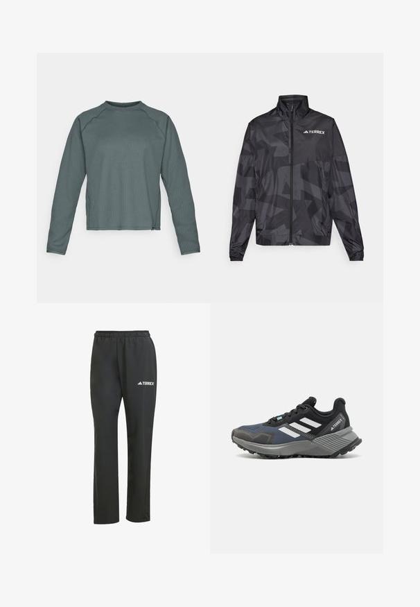 Zwarte lichtgewicht jas met een hoge kraag, ritssluiting en geometrisch patroon. Kenmerkt zich door het "TERREX"-logo in het wit op de bovenste linkerkant.; Lange mouwen, ronde hals top van gestructureerde donkergroene stof, met geribbelde patroon en iets gekorte zoom.; Zwarte lichtgewicht broek met een elastische tailleband. Heeft een subtiel "TERREX" logo in het wit. Glad materiaal en rechtvallend ontwerp.; Sportschoen met bovenkant van mesh in zwart- en tinten blauw. Heeft witte strepen, grijze rubberen buitenzool en een gestructureerde tussenzool voor grip.