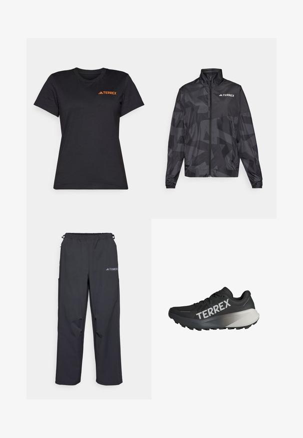 Black lightweight jacket with a high collar, zip closure, and geometric pattern. Features the "TERREX" logo in white on the upper left side.; Black short-sleeve t-shirt made of cotton. Features a crew neck and an orange "TERREX" logo on the upper left chest.; Black, lightweight outdoor pants with an elastic waistband, side pockets, and a logo on the upper right leg. Smooth, water-resistant fabric.; Black running shoe with a textured upper, prominent "TERREX" logo in white, tapered sole design, and a gradient gray accent on the heel.