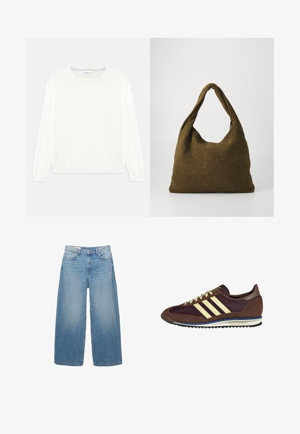 Beige læderjakke med rund halsudskæring og sølv lynlås. Glat tekstur, lange ærmer og cropped design.; Letvægts, cremefarvet sweater med rund hals, lange ærmer og ribbet kant. Lavet af blødt stof med en glat tekstur.; Lys blå brede jeans lavet af denim, med et klassisk fem-lomme design og en knaplukning. Har en falmet struktur over det hele.; Brune og bordeaux sneakers lavet af ruskind og mesh-materialer, med tre cremefarvede striber, tekstureret stof på tungen, og en gummisål.; Vævet stofhåndtaske i olivengrøn med en rummelig, rund form og et enkelt, forlænget håndtag til bæring. Struktureret overflade.