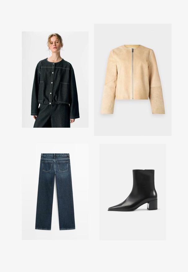 Beige Lederjacke mit rundem Ausschnitt und silbernem Reißverschluss. Glatte Textur, lange Ärmel und kürzerer Schnitt.; Schwarze Jeansjacke mit vertikalen weißen Streifen, runder Halslinie, zwei Fronttaschen, Druckknopfverschluss und lässigen Ärmeln.; Dunkelblaue Jeans im geraden Schnitt, mit zwei Gesäßtaschen und sichtbaren Nähten entlang der Nähte und Säume.; Schwarze Lederschnürstiefelette mit spitzer Zehenform, glatter Textur und mittelhohem Blockabsatz. Minimalistisches Design, Reißverschluss hinten.